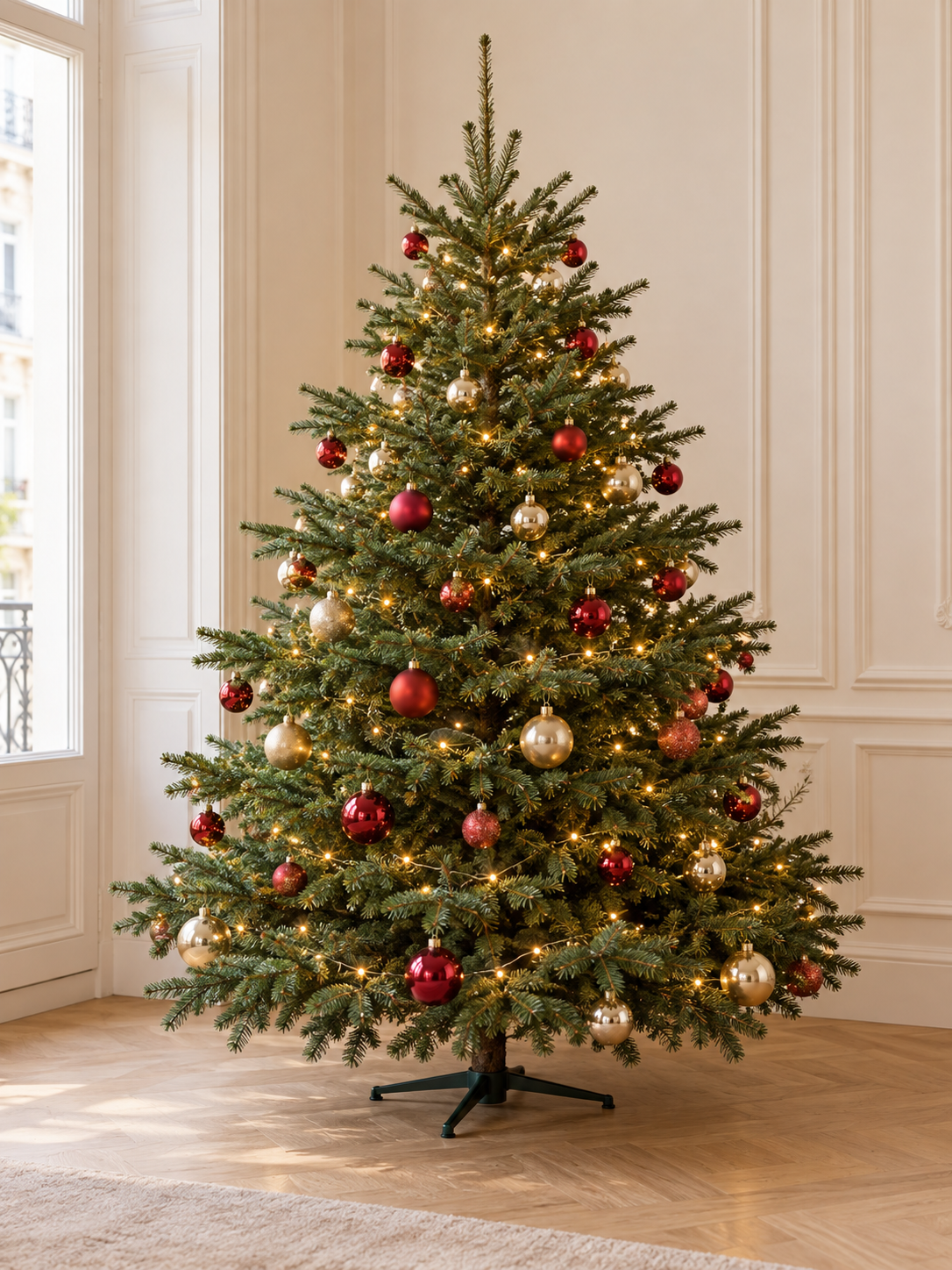 Beispiel: Weihnachtsbaum mit klassischen roten und goldenen Kugeln und warmweißer Lichterkette